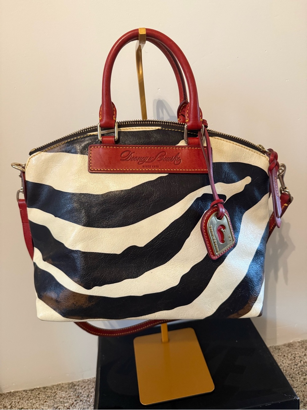 Dooney & Bourke Black and White Zebra Satchel with Red Trim